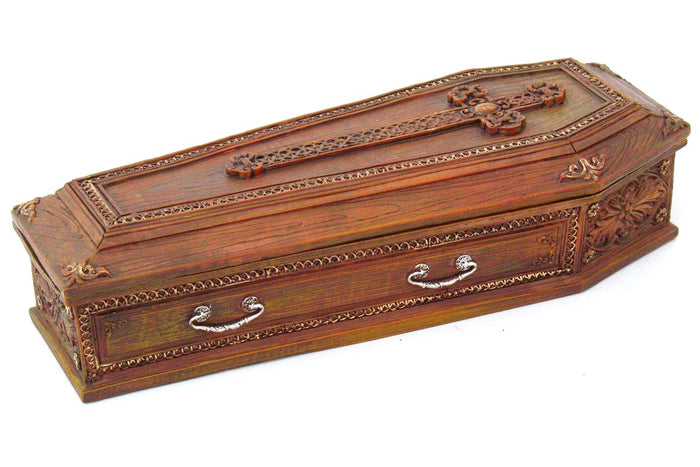 Pacific Trading Giftware PTC 8.25 Inch Cross Embellished Coffin Jewelry/Trinket Box Figurine