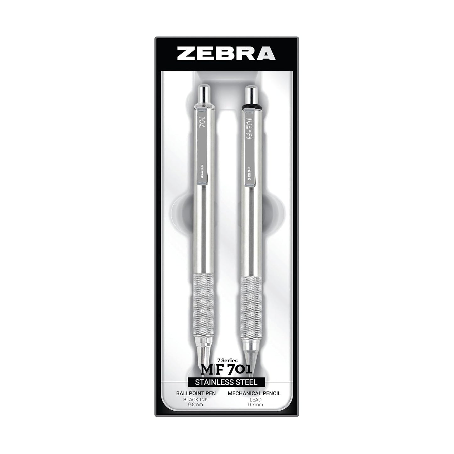 Zebra Pen M/F 701 Stainless Steel Mechanical Pencil and Ballpoint Pen Set, Fine Point, 0.7mm HB Lead and 0.8mm Black Ink, 2-Count Gift Set, Silver (10519)