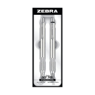 Zebra Pen M/F 701 Stainless Steel Mechanical Pencil and Ballpoint Pen Set, Fine Point, 0.7mm HB Lead and 0.8mm Black Ink, 2-Count Gift Set, Silver (10519)