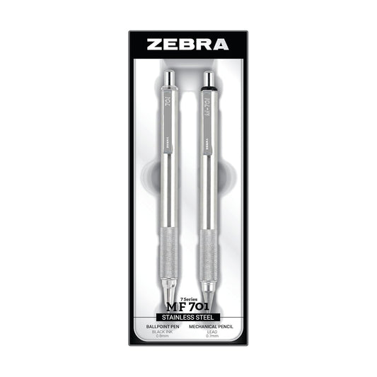 Zebra Pen M/F 701 Stainless Steel Mechanical Pencil and Ballpoint Pen Set, Fine Point, 0.7mm HB Lead and 0.8mm Black Ink, 2-Count Gift Set, Silver (10519)