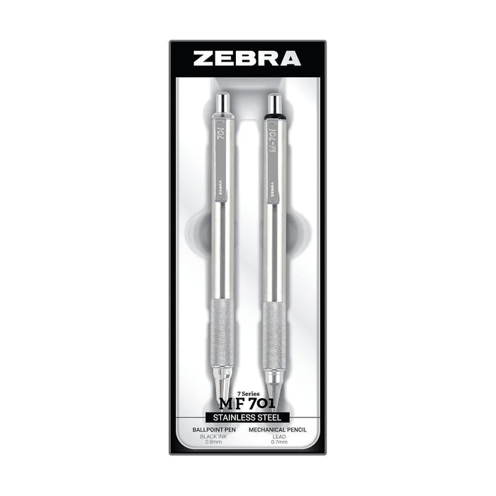 Zebra Pen M/F 701 Stainless Steel Mechanical Pencil and Ballpoint Pen Set, Fine Point, 0.7mm HB Lead and 0.8mm Black Ink, 2-Count Gift Set, Silver (10519)