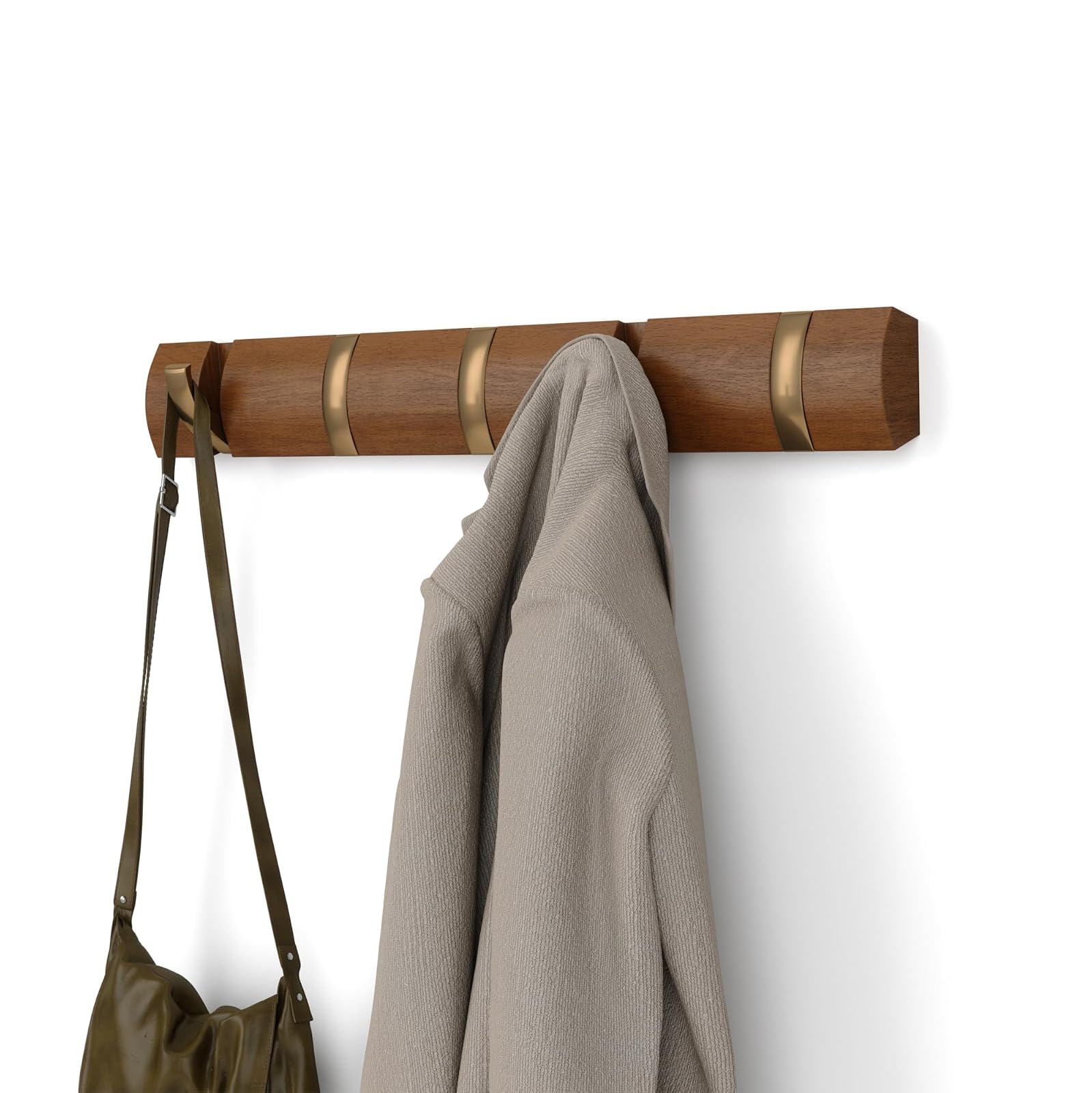 Umbra FLIP Wall Mounted Floating Rack  Modern, Sleek, Space-Saving Hanger with Retractable Hooks to Hang Coats, Scarves, Purses and More, Walnut/Gold