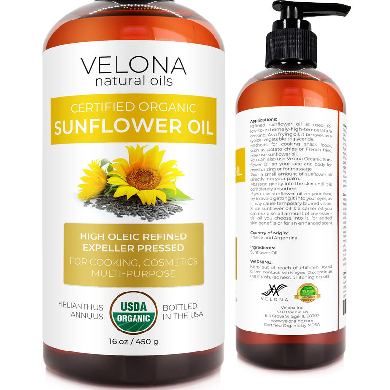 velona USDA Certified Organic Sunflower Oil - 16 oz | 100% Pure and Natural Carrier Oil | High Oleic, Refined, Cold Pressed | Cooking, Skin, Hair, Body & Face Moisturizing