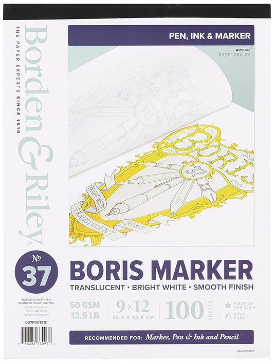 Chartpak Borden & Riley #37 Boris Marker Layout Bright White Translucent Bond Paper Pad, 9" x 12", 50 GSM/13.5 LB, 100 Sheets, 1 Pad Each¬¨‚Ä†(037P09121C)