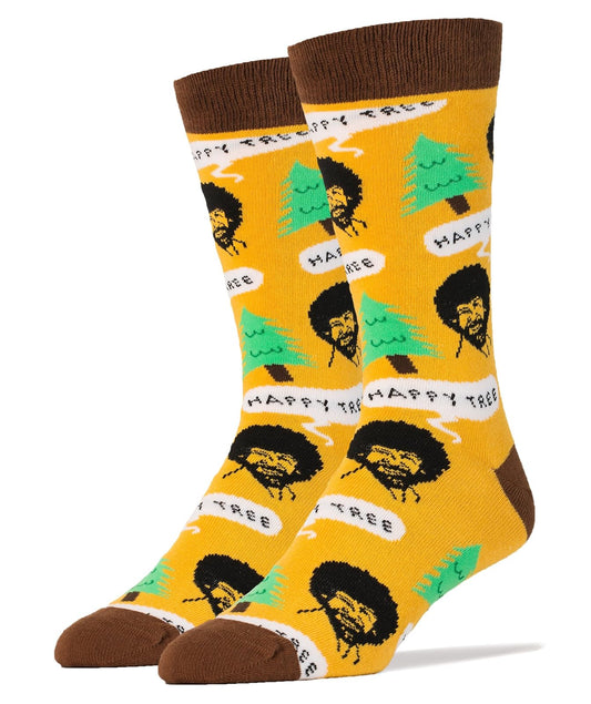Oooh Yeah Socks Men's Luxury Combed Cotton Crew Socks Bob Ross Happy Tree,Large