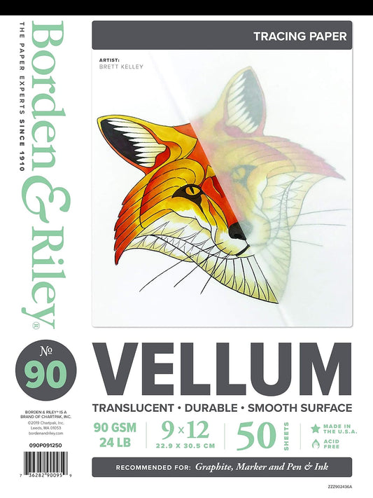 Chartpak Borden & Riley #90 Vellum Pad, 9" x 12", 90 GSM/24 LB, 50 White Sheets, 1 Pad Each (090P091250)