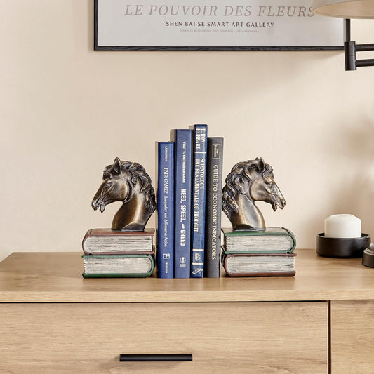 Danya B. Horses on Books Polyresin Antique Patina Finish Bookend Set of 2