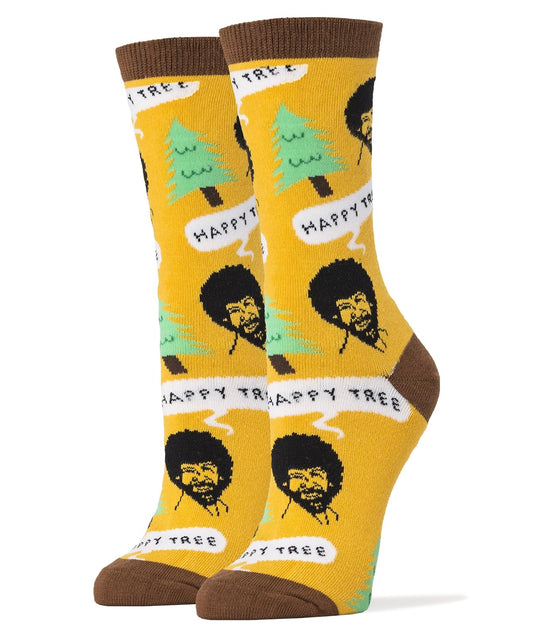 Oooh Yeah Socks Women's Luxury Combed Cotton Crew Socks Bob Ross (Happy Tree Yellow),Large