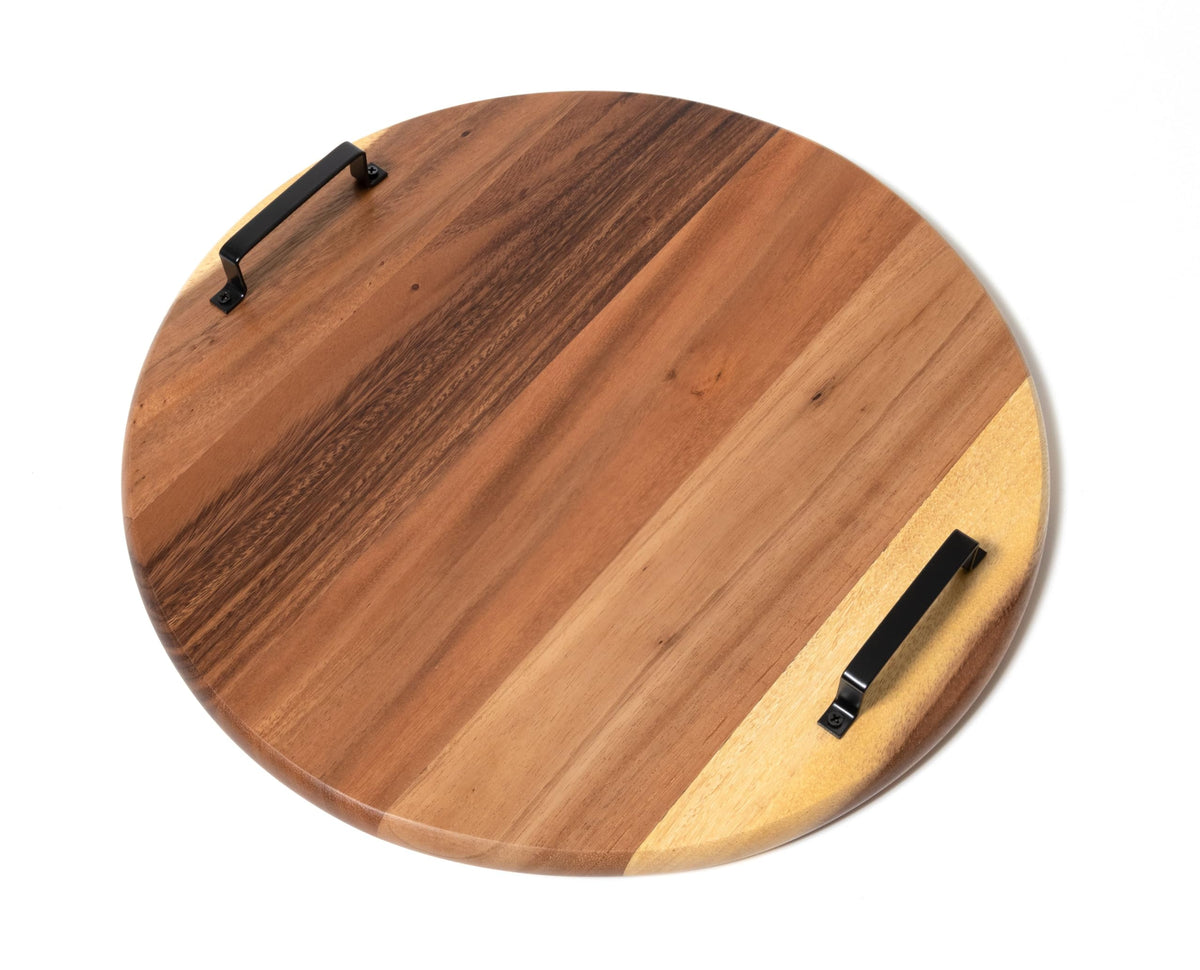 Lipper International Acacia Wood Serve Board with Black Handles for Cheese, Crackers, and Charcuterie, Round 17 5/8" Diameter x 1"