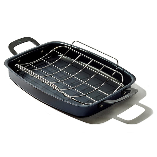 Cookware Company OXO Obsidian Pre-Seasoned Carbon Steel, 15" x 10.5" Roasting Pan with Stainless Steel Roaster Rack, Induction, Black