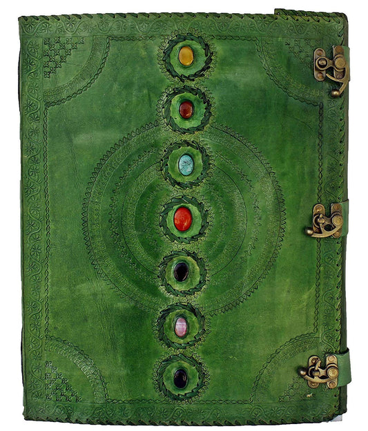 TUZECH Seven Chakra Medieval Stone Embossed Handmade Jumbo Leather Journal Book of Shadows Notebook Office Diary College Poetry Sketch (Green, 13 Inches)