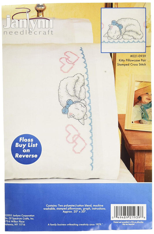 Design Works Crafts Janlynn Kitty Pillowcase Pair Stamped Cross Stitch -20"X30"