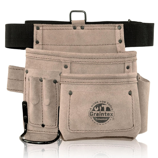 Graintex SS2179 5 Pocket Nail & Tool Pouch Beige Color Suede Leather with 2‚Äù Webbing Belt for Constructors, Electricians, Plumbers, Handymen