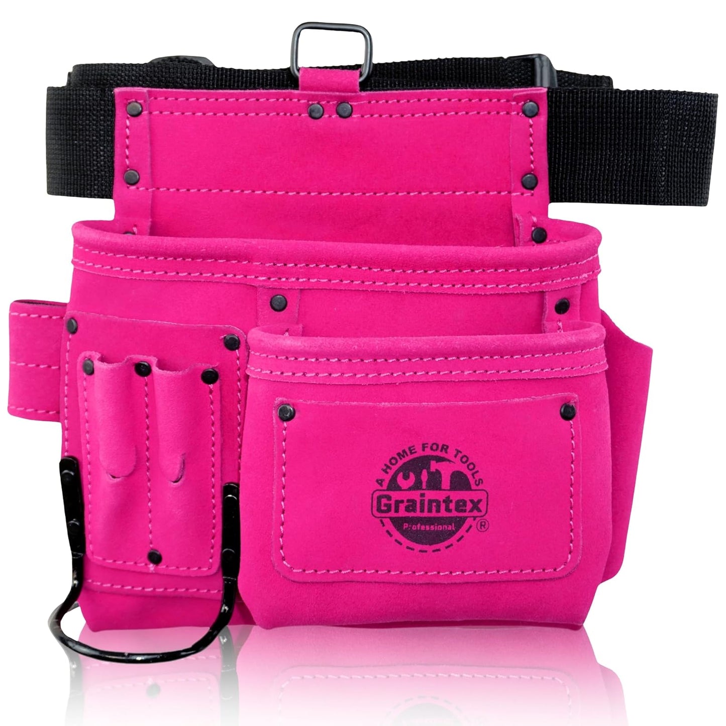 GRAINTEX SS2081 5 Pocket Nail & Tool Pouch Pink Color Suede Leather with 2‚Äù Webbing Belt for Constructors, Electricians, Plumbers, Handymen