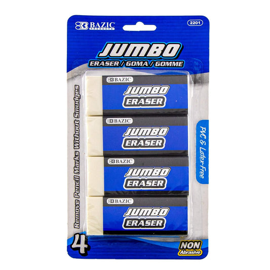 BAZIC Jumbo Vinyl Eraser (4/Pack), Latex Free, White Large Size Bulk Block Erasers for Art School Office Kids Teachers, Non Abrasive, Whiteout Smudges, 1-Pack