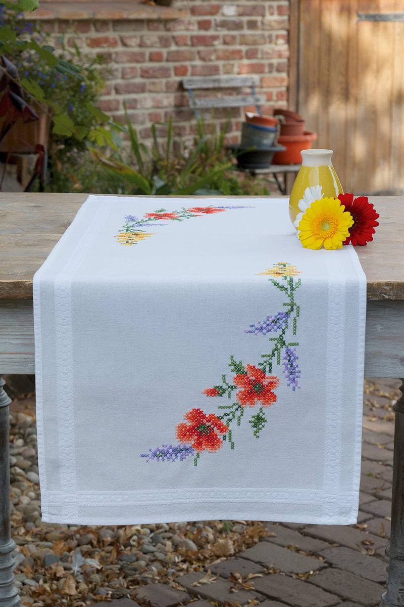 Vervaco Embroidery Kits Cross Stitch Table Runner DIY Kit, Tablecloth to Embroider with Embroidery Image in Modern Design, Cotton and Embroidery Thread, 16 x 40 Inches, Flowers & Lavender