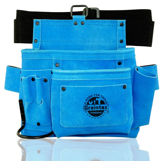 GRAINTEX SS2045 5 Pocket Nail & Tool Pouch Blue Color Suede Leather with 2” Webbing Belt for Constructors, Electricians, Plumbers, Handymen