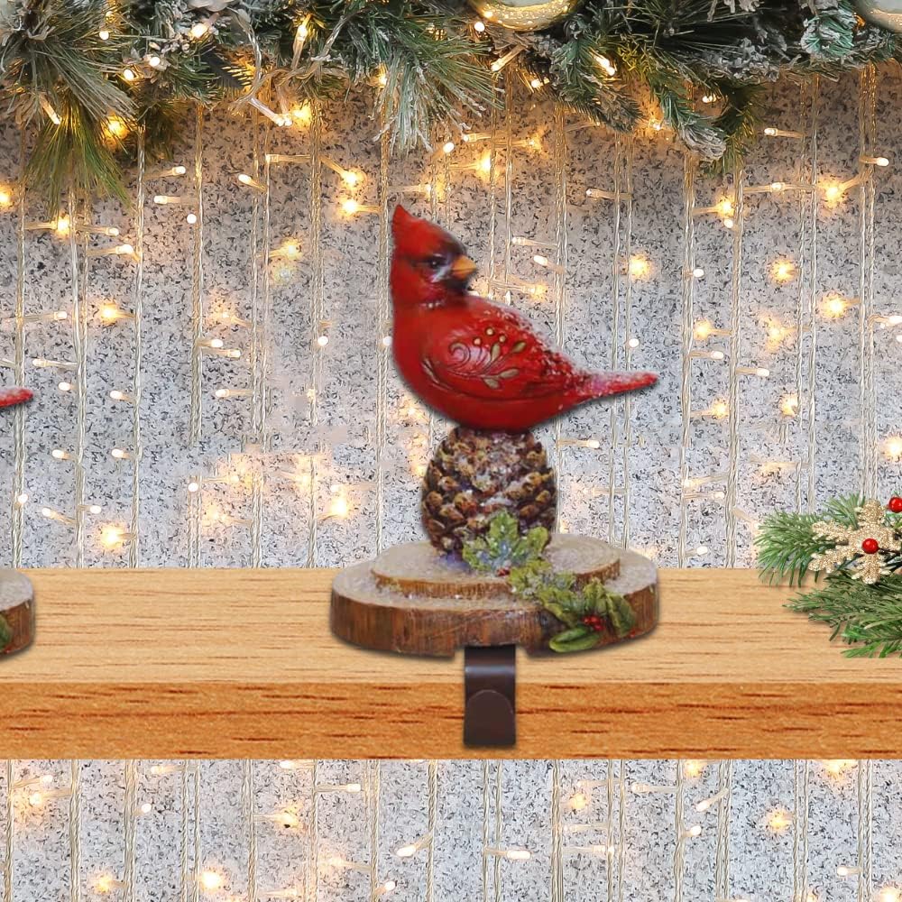 Comfy Hour 7" Christmas Red Cardinal On Pinecone Stocking Hanger, Dark Red and Brown