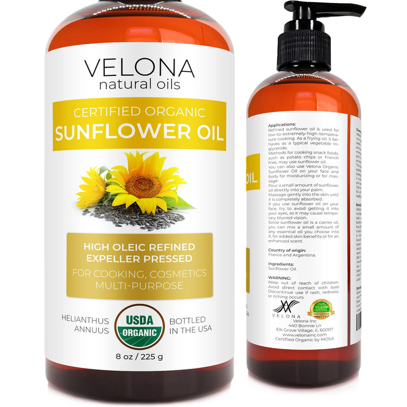 velona USDA Certified Organic Sunflower Oil - 8 oz | 100% Pure and Natural Carrier Oil | High Oleic, Refined, Cold Pressed | Cooking, Skin, Hair, Body & Face Moisturizing