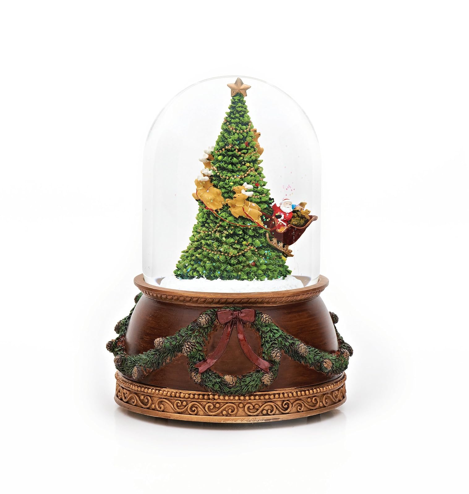 Roman Santa in Sleigh with Reindeer Flying Around Christmas Tree Musical Snow Globe Glitterdome - 8" Tall 120MM - Plays Tune Santa Claus is Coming to Town