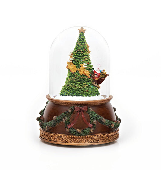 Roman Santa in Sleigh with Reindeer Flying Around Christmas Tree Musical Snow Globe Glitterdome - 8" Tall 120MM - Plays Tune Santa Claus is Coming to Town