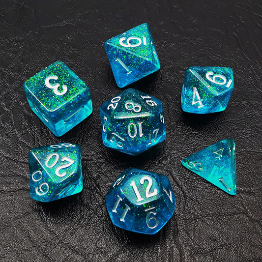 Bescon Dice Blue Shimmery Dice Set, Polyhedral RPG Game 7-dice Set in Brick Box Packing