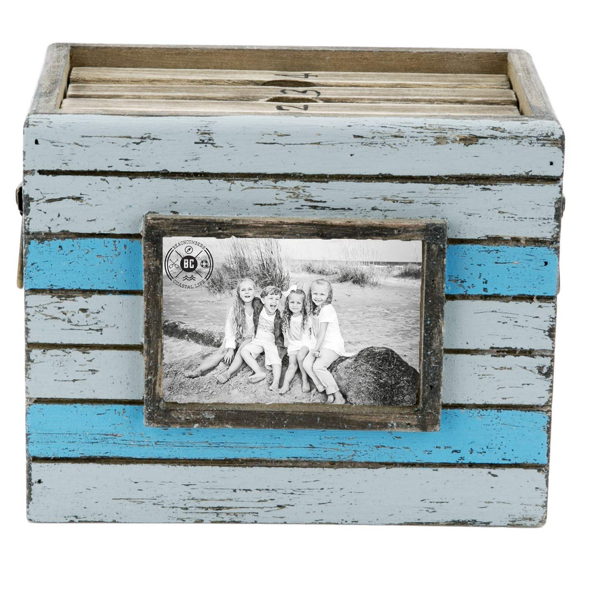 Beachcombers Wood Teal White Photo Box Frame Organizer Nautical Beach Decor