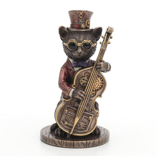 Unicorn Studio Veronese Design 5 1/4 Inch Tall Steampunk Cat Funky Fresh Jazz Bass Musician Resin Animal Figurine Bronze Finish