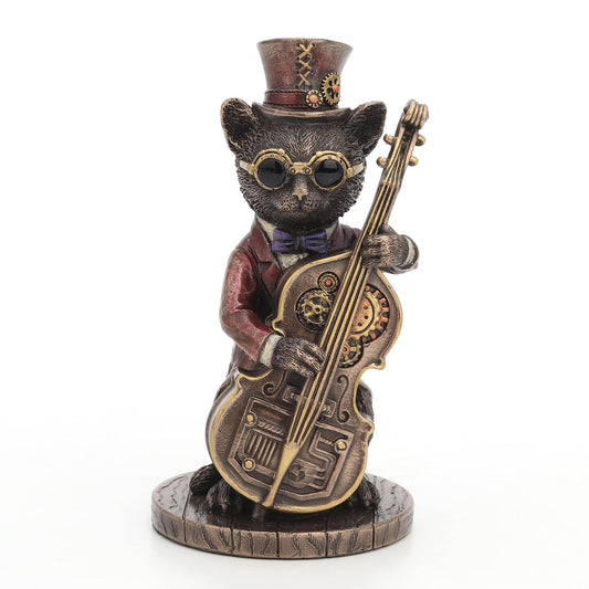 Unicorn Studio Veronese Design 5 1/4 Inch Tall Steampunk Cat Funky Fresh Jazz Bass Musician Resin Animal Figurine Bronze Finish