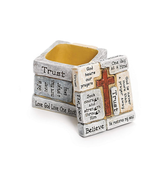 Roman Faith-Filled Sentiments Crossword Whitewashed 2.25 x 2.25 Resin Trinket Box