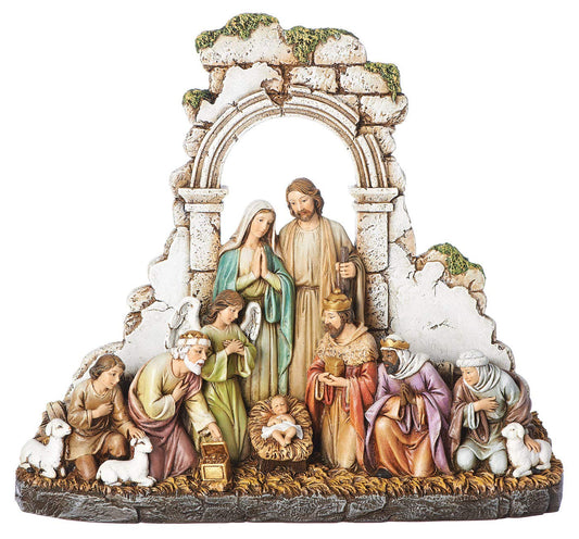 Roman JOSEPH STUDIO 8.5" KNEELING NATIVITY WITH STONE WALL