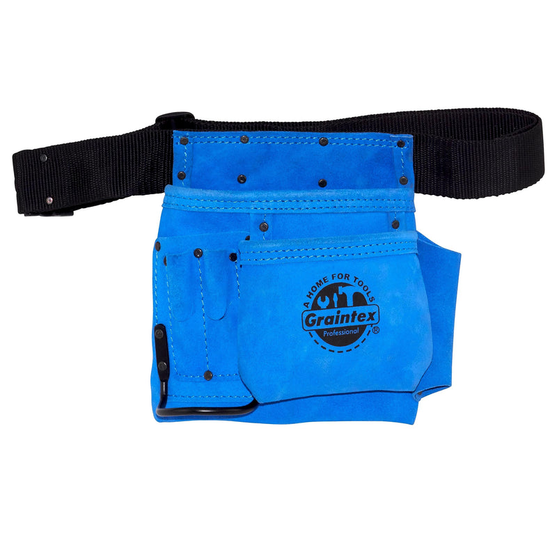 GRAINTEX SS2045 5 Pocket Nail & Tool Pouch Blue Color Suede Leather with 2” Webbing Belt for Constructors, Electricians, Plumbers, Handymen