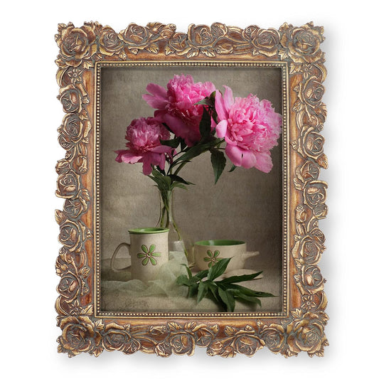 SIMON'S SHOP Picture Frames 5x7 Wall and Tabletop Photo Frame with Rose Flower and Buds Carvings, Vintage Home Decor (Walnut)