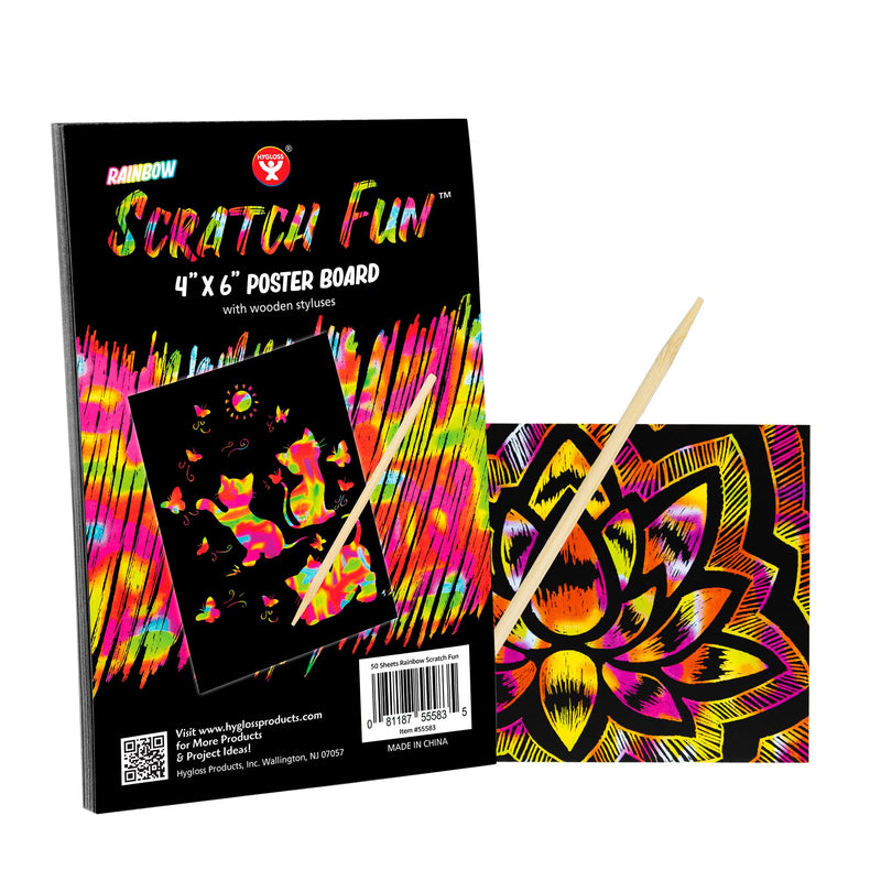 Hygloss Products Scratch Fun Magic Drawing Black Matte Arts and Crafts-DIY Project-Kit Includes 50 Rainbow Papers, 4 x 6 Inches and 10 Wooden Stylus Sticks, Count