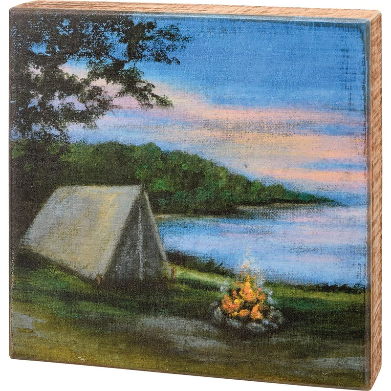 Primitives By Kathy 113534 Tent and Campfire Box Sign, 8-inch Square