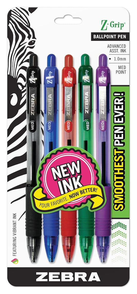 Zebra Pen Z-Grip Retractable Ballpoint Pen, Medium Point, 1.0mm, Assorted Colors - 5 Pieces