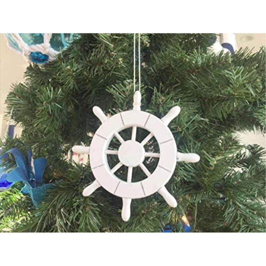 Handcrafted Nautical Decor White Decorative Ship Wheel Christmas Tree Ornament 6" - Christmas Tree Decorat