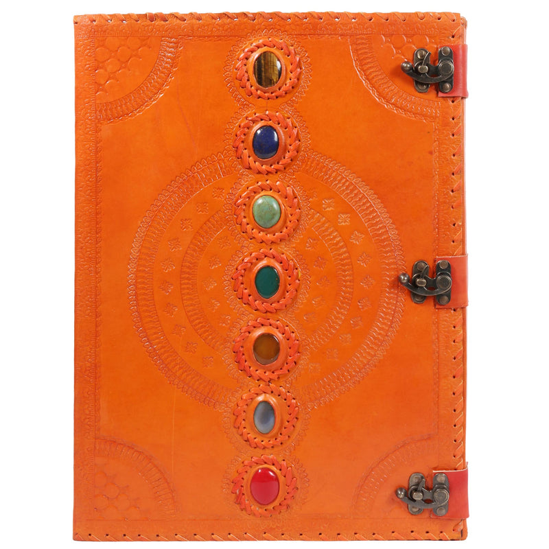 TUZECH Seven Chakra Medieval Stone Embossed Handmade Jumbo Leather Journal Book of Shadows Notebook Office Diary College Poetry Sketch (Orange, 13 Inches)