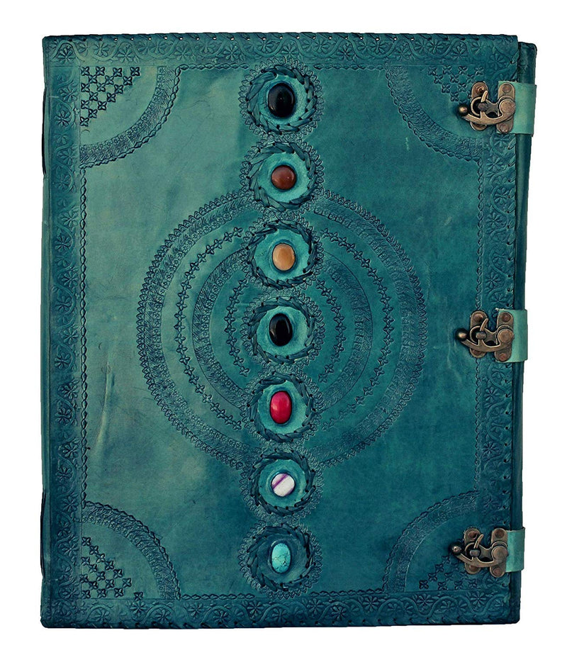 TUZECH Seven Chakra Medieval Stone Embossed Handmade Jumbo Leather Journal Book of Shadows Notebook Office Diary College Poetry Sketch (Ocean Blue, 13 Inches)
