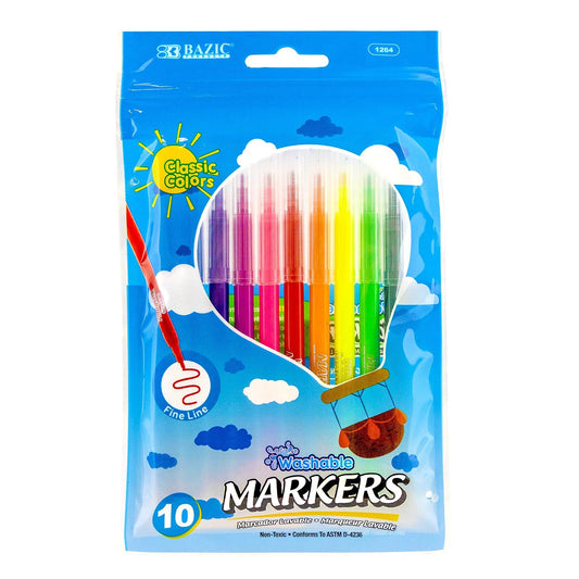 BAZIC Fine Line 10 Colors Washable Markers, Thin Tip Coloring Marker Non Toxic, for Art School Supplies, Drawing Gift for Kids (10/Pack), 1-Pack