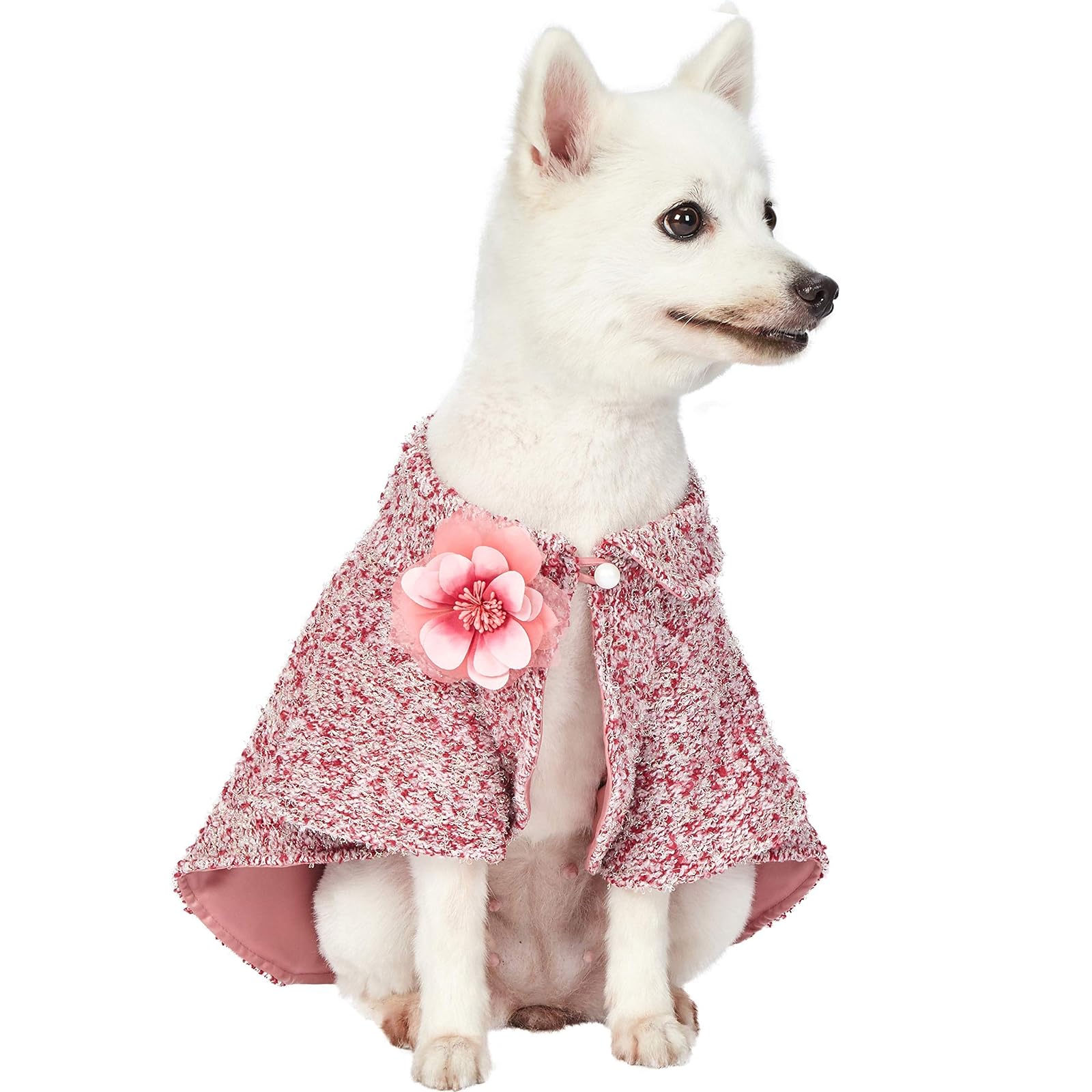 Blueberry Pet Marled Cerise Red All-Weather Handmade Knit Dog Poncho Cape with Detachable Necklace & Flower, Back Length 16", Pack of 1 Clothes for Dogs