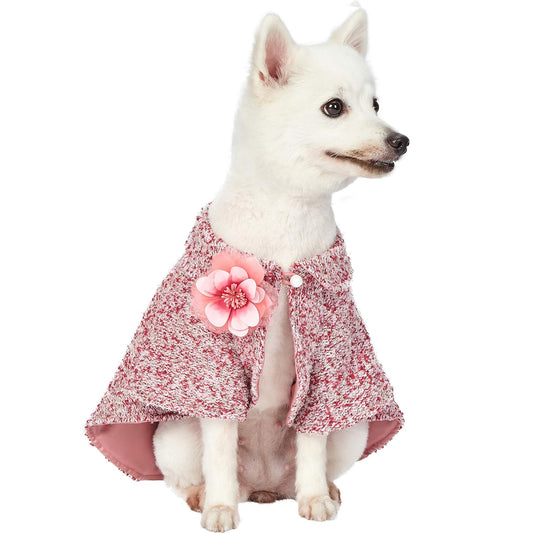 Blueberry Pet Marled Cerise Red All-Weather Handmade Knit Dog Poncho Cape with Detachable Necklace & Flower, Back Length 16", Pack of 1 Clothes for Dogs