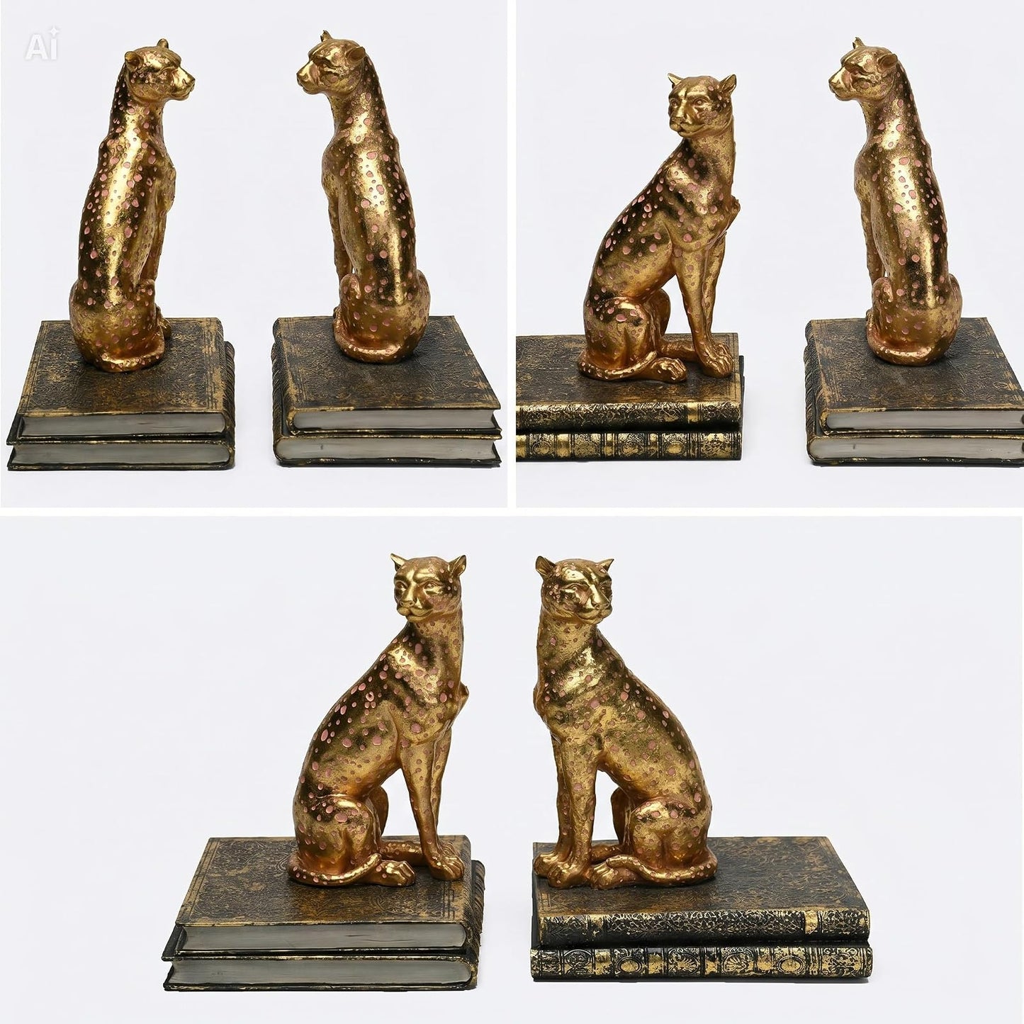 Comfy Hour Farmhouse Home Decor Collection Polyresin Solid Heavy Set of L/R Cheetah Art Bookends, 1 Pair, Gold