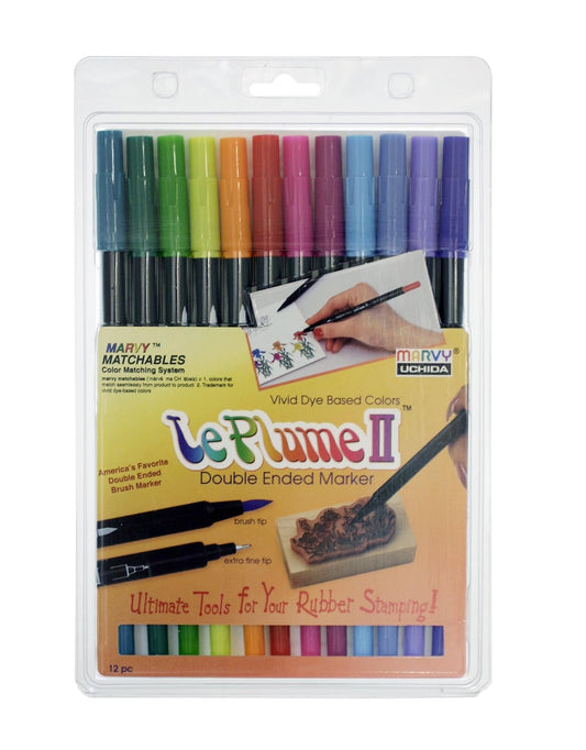 Uchida 1122-12E Le Plume II Double-Ended Markers with Brush and Fine Tips, Bright, Set of 12