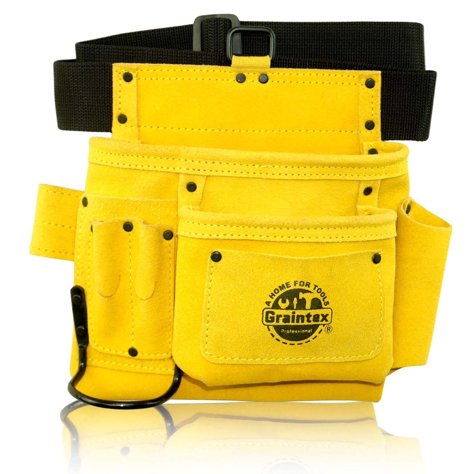 Graintex SS2079 5 Pocket Nail & Tool Pouch Yellow Color Suede Leather with 2‚Äù Webbing Belt for Constructors, Electricians, Plumbers, Handymen