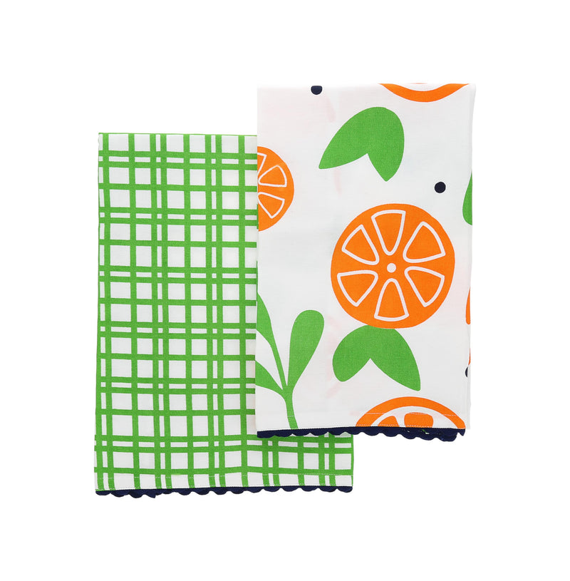 Pavilion - Oranges - Set of Two 20&quot; x 28&quot; Decorative Tea Towels - Vintage Summer Clementine Nectarine Polka Dot Fruit Plaid Kitchen Decor