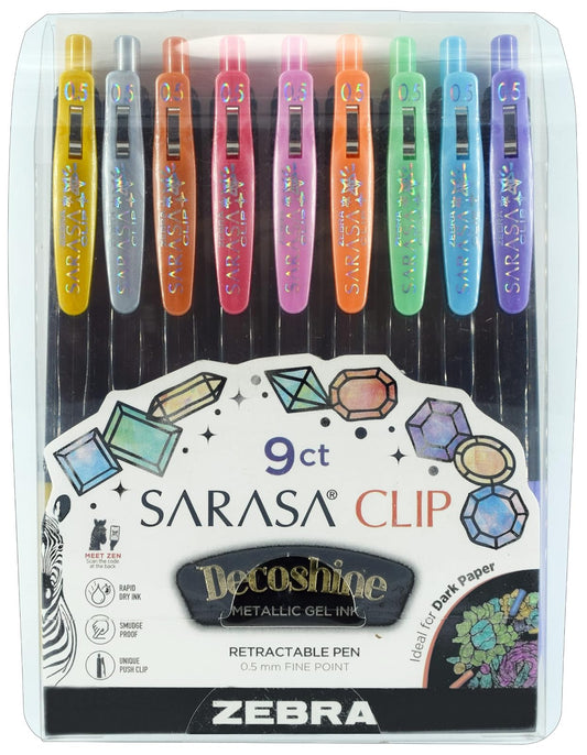 Zebra Pen Sarasa Clip Decoshine Retractable Gel Pen, Fine Point, 0.5mm, Assorted Metallic Gel Ink, 9-Pack, (49009)