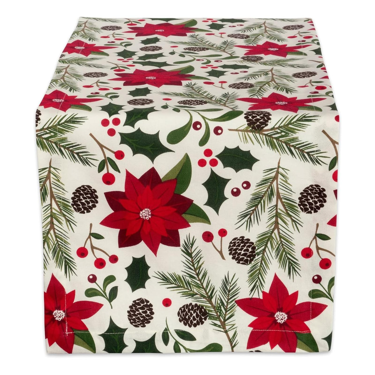 DII Tablecloth, 72" x 14" (Rectangular), Poinsettia & Christmas Greenery