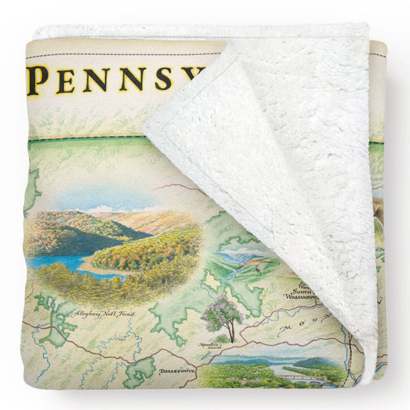 Pennsylvania State Fleece Blanket Map - Hand-Drawn Original Art - Soft, Cozy, and Warm Throw Blanket for Couch - Unique Gift - 58"x 50"
