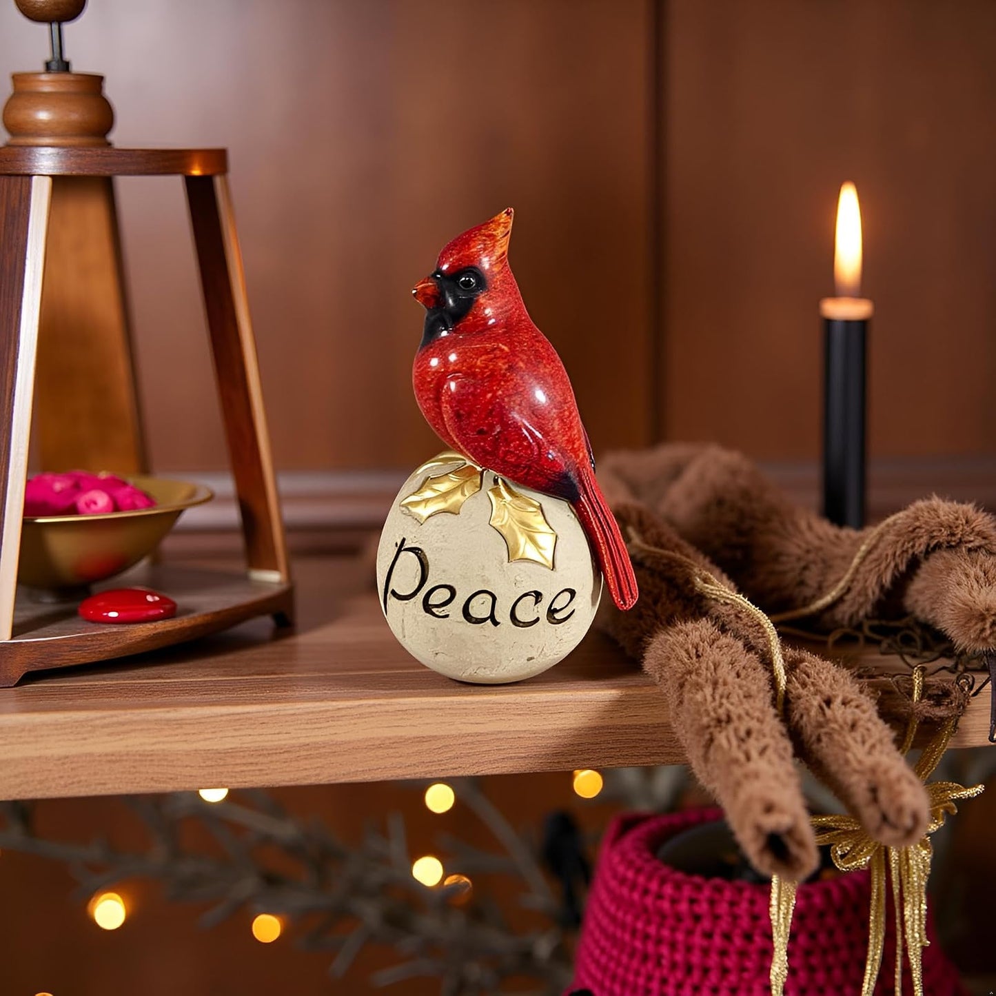 Comfy Hour Winter Holiday Home Collection 6'' Red Cardinal Standing On Peace Stone Pedestal Figurine, High Gloss Bird, Ideal Christmas Decoration, Polyresin